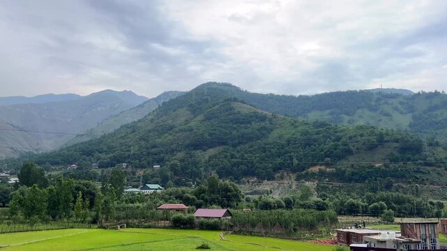Slow Motion Travelling Through Kashmir India Capturing Nature Beauty, Green Environment, Majestic Mountains, Flowing Rivers, Meadows, Serenity, Culture, Timeless Scenic Wonders  Clip 149