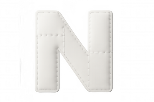 White leather letter n featuring prominent stitching, isolated on transparent backdrop, perfect for graphic design projects