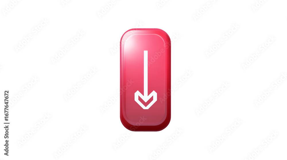 Fototapete red button with a white arrow pointing down isolated on transparent background