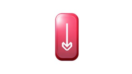 Red button with a white arrow pointing down isolated on transparent background