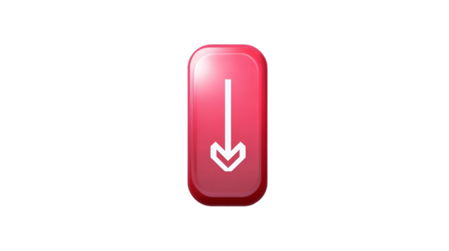 Red button with a white arrow pointing down isolated on transparent background