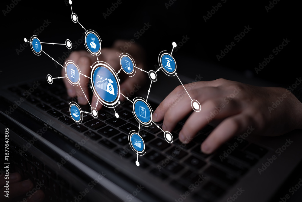 Poster a close-up of hands typing on a laptop keyboard, surrounded by digital icons symbolizing cybersecuri