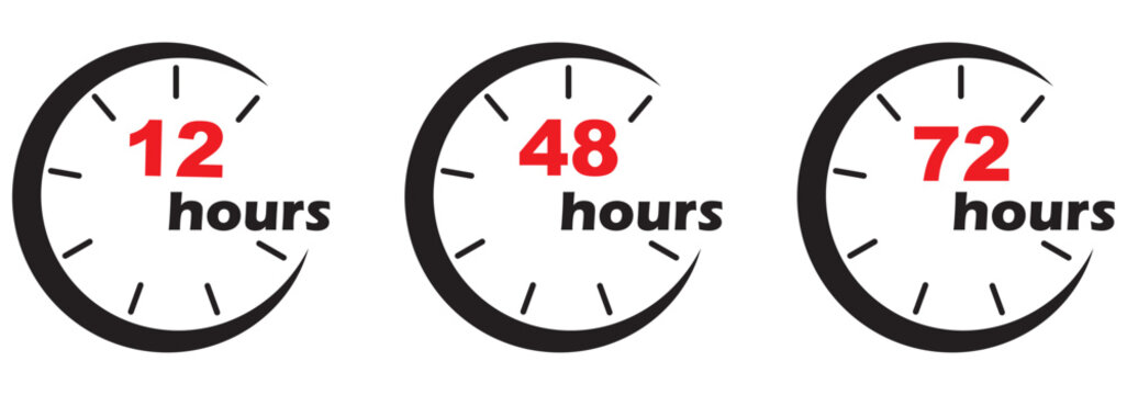 Black and white clock icons showing 7, 12, 24, 48, and 72 hour turnaround times. Watch and stopwatch, clock and alarm. Fast delivery and shipping stickers. Vector illustrations. Eps 10 