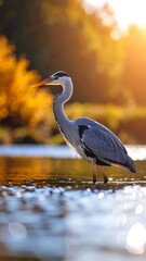 Heron by river at sunset