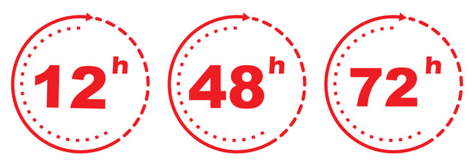 12, 24, 48 and 72 hours clock arrow icon isolated on white background. EPS 10