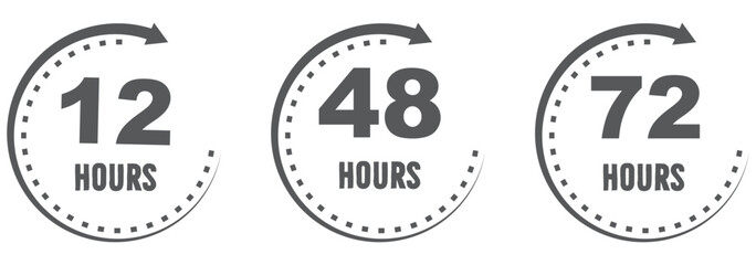 Set Blue clock icons with 12, 24, 48, and 72 hours, modern timer and deadline symbols for delivery, shipping, express service, schedule, countdown, business. EPS 10