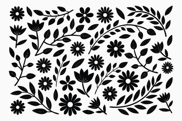 Elegant Black and White Floral Pattern with Delicate Flowers and Leaves for Textile Design and Creative Projects featuring botanical elements and artistic arrangement