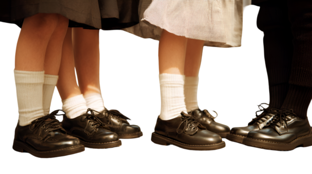 Closeup of school childrens shoes and socks isolated on transparent background