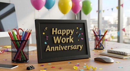 Black framed Happy Work Anniversary poster surrounded by balloons on office desk, festive workplace decoration, 4K image