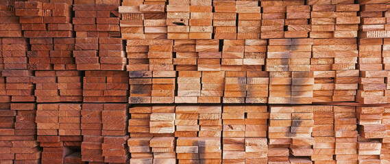 Wood background. Cross section of sawn timber, Selection of freshly sawn timber material, beam,...