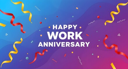 Blue gradient background with Happy Work Anniversary typography and colorful confetti for corporate celebrations, 4K image