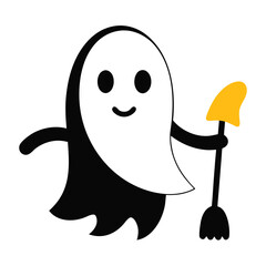 Cute cartoon ghost holding a broom with a yellow brush