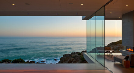 Fototapeta premium Ocean view home interior design modern architecture glass walls luxury living room coastal property sunset scene
