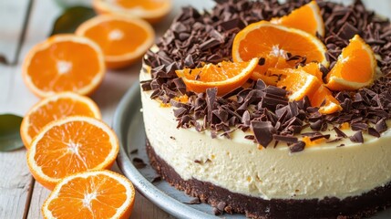 Creamy Orange Cake with Chocolate Shavings and Fresh Fruit Garnish