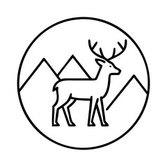 Minimalist drawing of a deer in a mountainous landscape within a circle.