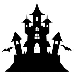 Spooky halloween castle silhouette with flying bats