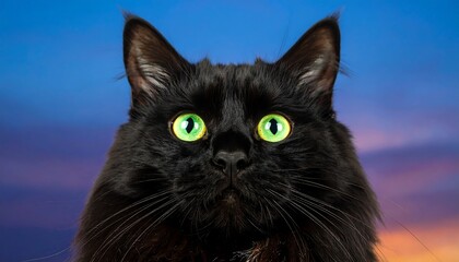 Close-up of a black cat with vibrant green eyes against a vibrant sunset sky