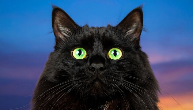 Close-up of a black cat with vibrant green eyes against a vibrant sunset sky - Powered by Adobe