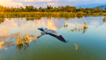 Heron in flight over tranquil wetland