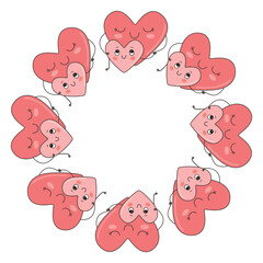 Border of hearts with faces.  Cute characters holding hands. Valentine frame with cartoon objects isolated on white background. Red and pink colors. Poster template. Vector design for Valentine's Day.