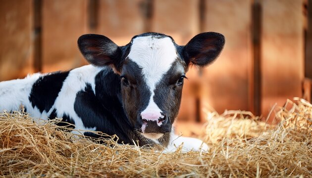 close up of holstein calf in straw generative ai