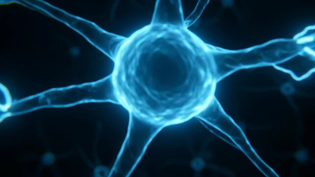 A journey through a neuron cell network inside the brain with techno blue electric impulses and synapses.