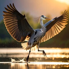 Heron in flight, water splashes