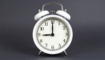 A white alarm clock displays the time at twelve o'clock against a dark gray background.