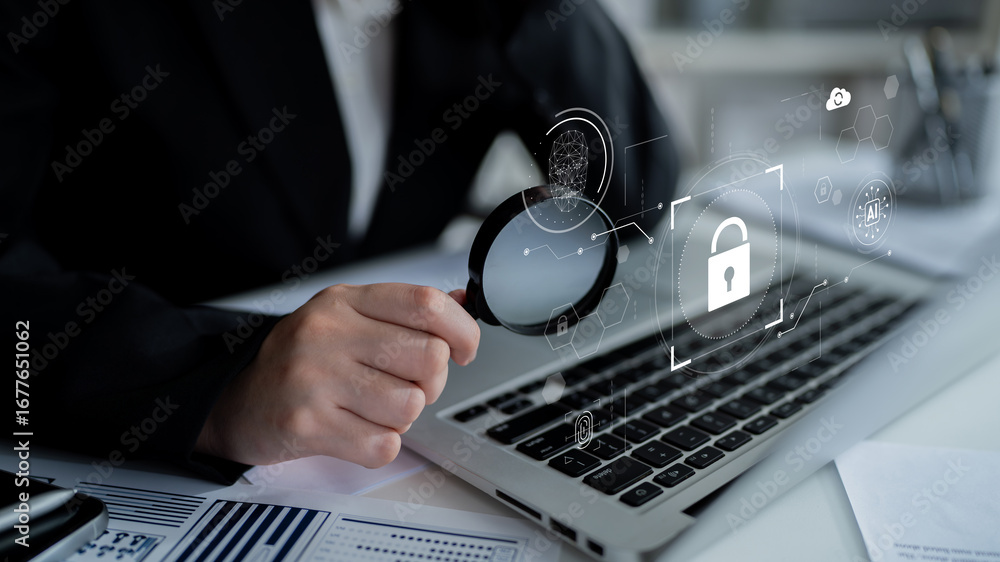 Poster ai cyber security system using biometric authentication and privacy control. cyber security protects
