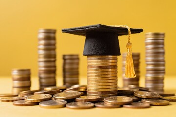 Symbolizing the investment in education, a graduation cap rests on coins, representing financial growth.