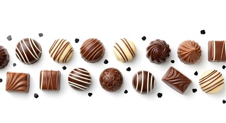 Fototapeta premium Assortment of delicious gourmet chocolates arranged on a white surface with dark sprinkles