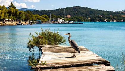 Heron on a dock by the water