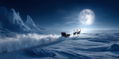 Magical polar landscape with reindeer pulling a sleigh under a full moon. christmas