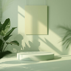 The image features a shadow leave and gradient light on a green studio background wall room and podium stage, with a summer or spring banner in green pastel and abstract sunlight on the floor texture.