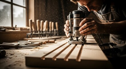 A carpenter using a router on a piece of wood in a workshop with tools and sawdust flying around him