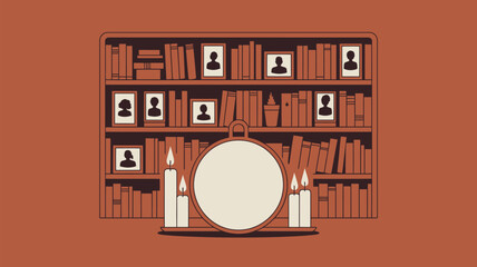 Illustration of a bookshelf with books and framed portraits with candles and a mirror in front