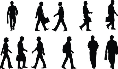 Silhouettes of business people walking with briefcases and backpacks, professional men and women in motion, corporate lifestyle, daily commute concept