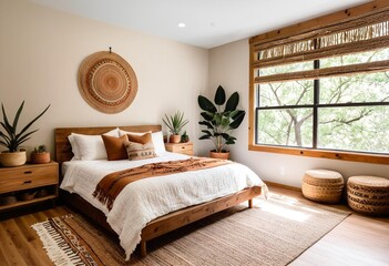 A bedroom with a bed, dresser and a large window.