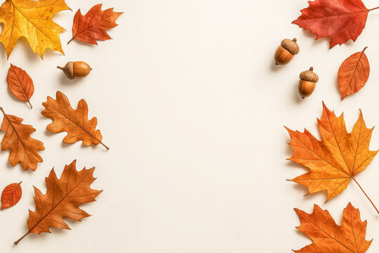 Minimalist autumn background with scattered colorful maple leaves in orange, red, and yellow along with acorns on a clean neutral surface, leaving central copy space for text, ideal for fall designs