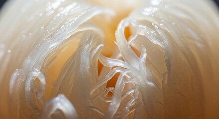 An abstract macro exploration of the delicate, fibrous inner world of a fruit, revealing organic patterns and textures