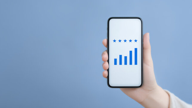 Five star rating and increasing bar graph on smartphone screen held by hand on blue background showing positive customer feedback and growth