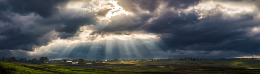 Dramatic sunlight piercing through dark clouds over a rolling countryside landscape.