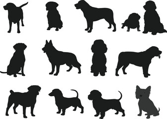 Silhouettes of Various Dog Breeds, Black Dog Silhouettes Collection, Pet Animal Shapes, Vector Dog Outline, Puppy Silhouettes Set