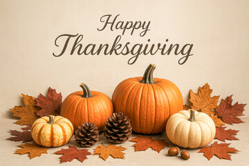 Cozy Thanksgiving still life with assorted pumpkins, pinecones, and autumn leaves arranged on a soft neutral background with &ldquo;Happy Thanksgiving&rdquo; text, creating a rustic seasonal design 