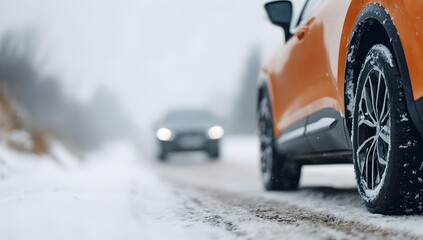 Fototapeta premium Close up of an orange car with winter tires driving on a snow covered road