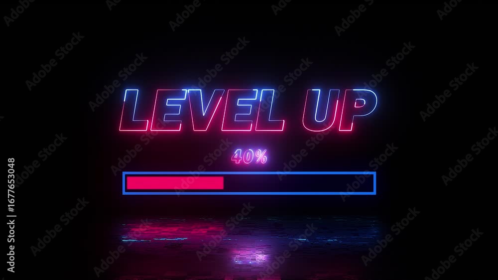 Poster neon level up text along a loading bar in blue and pink colour with reflection on black background