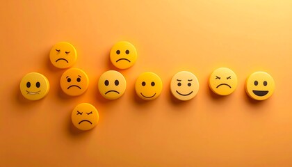 A variety of colorful emoji faces arranged in a design, showcasing different emotions against an orange background.