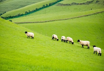 Obraz premium A herd of sheep grazing on a lush green field.