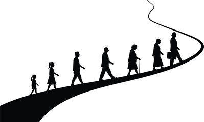 Silhouettes showing different stages of life from childhood to old age, walking on a winding path, representing growth, journey, and life progression concept