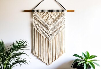A macrame hanging on a wall next to a potted plant.